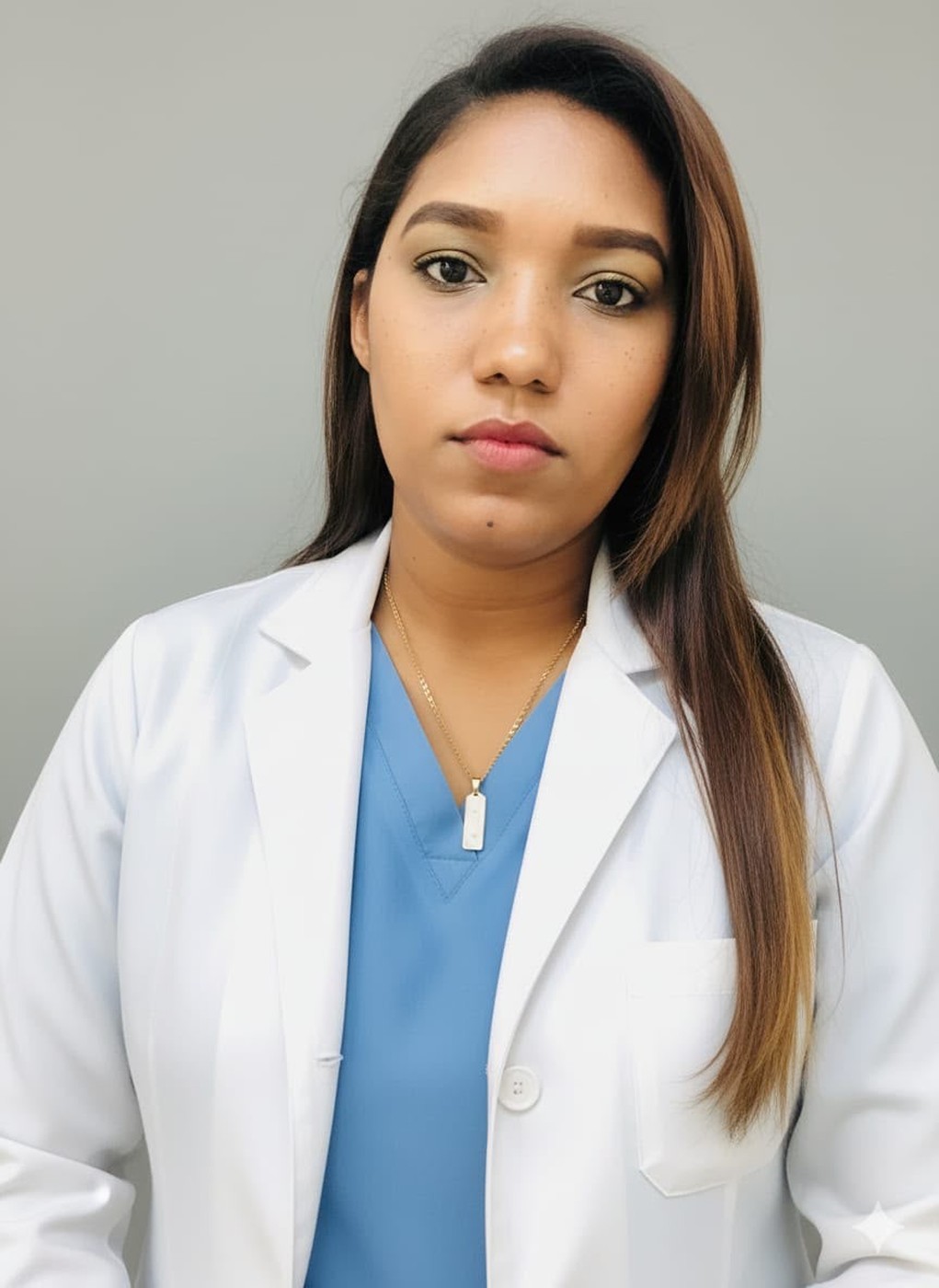 Mileidy Martínez Claudio wearing a white coat over blue scrubs.